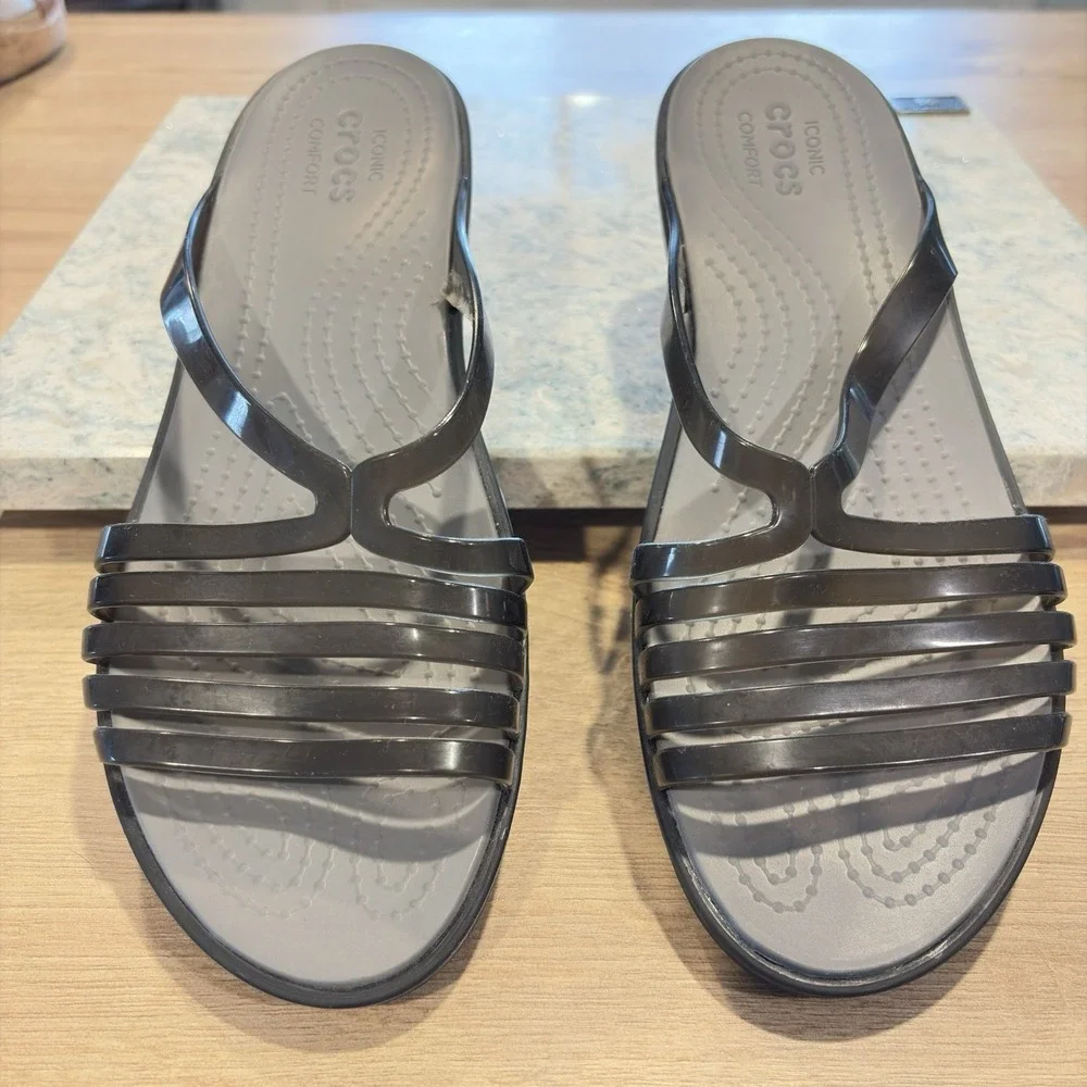 Crocs Meleen Women's Black/Smoke Twist Strap Slip-On Comfort Slide Sandals 7